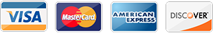 Credit card logos for Visa, MasterCard, American Express, and Discover